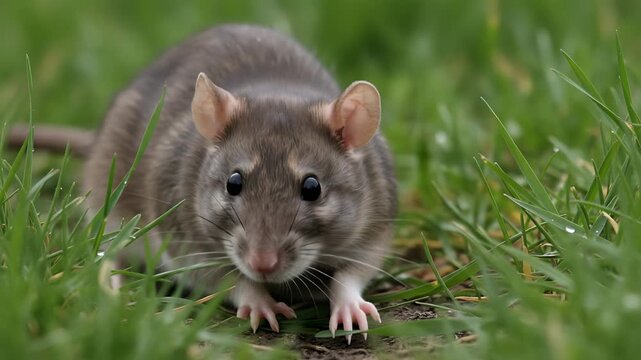 Close up of a brown rat with large dark eyes and pink ears peeking through lush green grass with