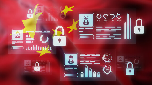 Cybersecurity and data privacy concept with holographic user interfaces and padlocks over Chinese flag background representing digital identity protection. 3D Rendering