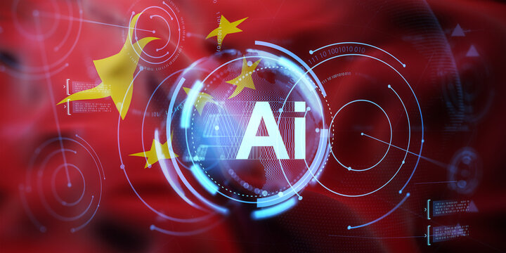 Futuristic AI technology hologram interface over Chinese flag background representing artificial intelligence and digital innovation concept. 3D Rendering