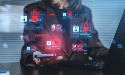 Cybersecurity concept with digital identity protection icons overlaying businesswoman using smartphone and laptop in office environment.