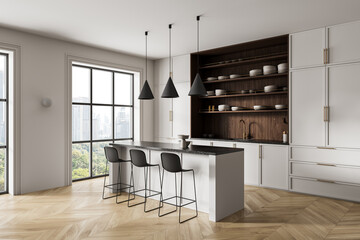 Fototapeta na wymiar Modern kitchen interior with white cabinetry, wood accents, and minimalist design featuring large windows and contemporary lighting fixtures. 3D Rendering