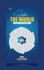 Dynamic blue gradient background with swirling abstract shapes and promotional text for sales