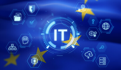 IT technology concept with digital symbols and European Union flag in double exposure on blue background representing data, AI, and cybersecurity themes. 3D Rendering
