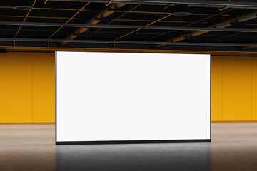 Large blank billboard mockup in modern industrial space with yellow walls and ceiling pipes for advertising or poster template concept. 3D Rendering