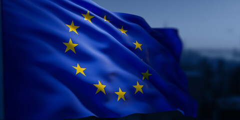 European Union flag waving in the wind with deep blue background and golden stars, symbolizing unity and diplomacy in modern European concept. 3D Rendering
