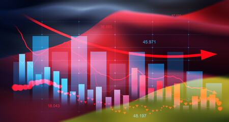 Economic downturn analytics with German flag and financial bar graph in double exposure style on dark background illustrating crisis concept. 3D Rendering