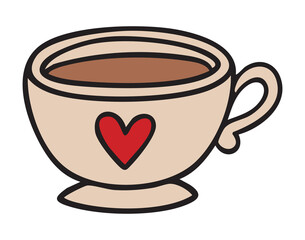 Elegant beige mug with heart clipart, cute coffee or tea cup, single element, hand drawn.
