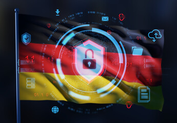 Cybersecurity concept with digital padlock interface over German flag background representing data protection and national technology security systems. 3D Rendering