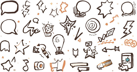 A collection of hand-drawn vector illustrations featuring speech bubbles, stars, lightning bolts, and other creative elements for design and communication.