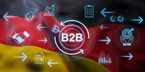B2B business concept with holographic icons and data symbols over German flag background representing digital trade and international strategy. 3D Rendering