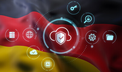 Cybersecurity concept with hologram cloud shield icons over German flag background illustrating secure data, privacy, and digital protection systems. 3D Rendering