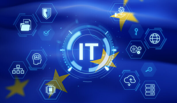 IT technology concept with digital symbols and European Union flag in double exposure on blue background representing data, AI, and cybersecurity themes. 3D Rendering