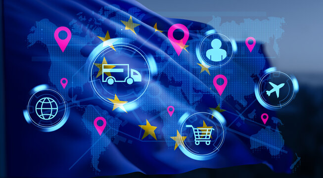 European Union logistics and e-commerce concept with technology icons over EU flag and world map background in holographic digital style. 3D Rendering
