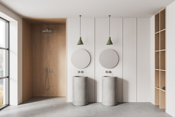Modern minimalist bathroom interior with double sink, wood accents, and green pendant lighting in soft natural light on neutral background. 3D Rendering