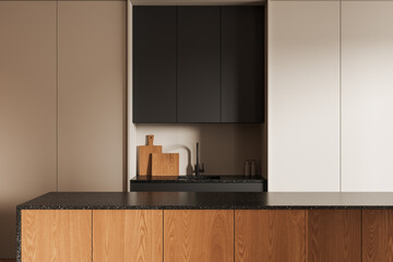 Modern kitchen interior design with wood and matte cabinetry in minimalist style, featuring neutral colors and clean lines on a studio background. 3D Rendering