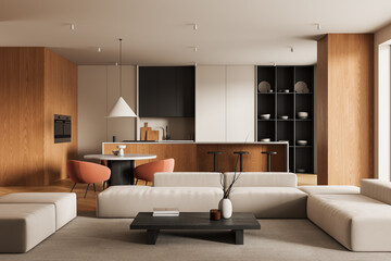 Modern interior design of open-plan living room and kitchen with minimalist furniture, wooden finishes, and neutral color palette. 3D Rendering