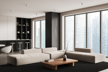 Contemporary modern interior design with minimalist furniture and large windows in high-rise city apartment living room and kitchen area. 3D Rendering © ImageFlow