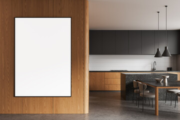 Modern kitchen interior with blank white poster on wooden wall partition near dining area for design mockup template presentation display concept. 3D Rendering
