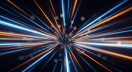 Futuristic abstract motion background with dynamic blue and orange light streaks, high speed energy burst, glowing rays and radial beams converging into the center on dark backdrop