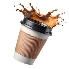 Coffee Splash From Disposable Cup With Ribbed Sleeve On Black Background hot beverage drink isolated on a transparent background