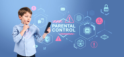 Curious boy holding smartphone with parental control interface g