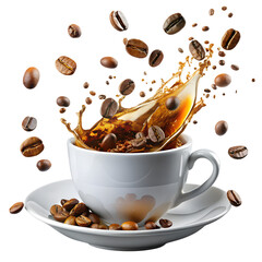 Coffee Beans Splash From White Cup And Saucer On Black Background hot beverage drink isolated on a transparent background