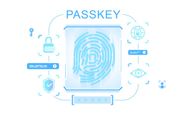 Passkey fingerprint authentication concept with biometric identity verification on white background with blue sketch elements and security icons. 3D Rendering