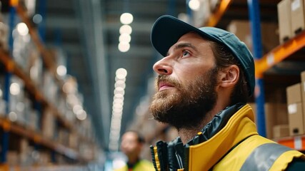 Warehouse worker: A determined warehouse worker in his uniform stands among the neatly arranged shelves stacked with packages and boxes, contemplating a future. - Powered by Adobe