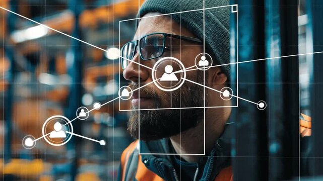 Modern Worker: A Focused Worker Wearing Protective Glasses Examined with advanced technology in a warehouse, the scene blending human diligence with innovation.