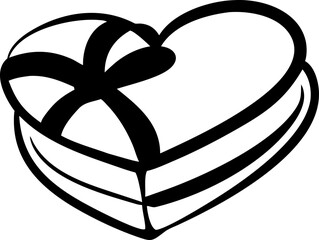 Hand drawn icon of a heart-shaped gift box with ribbon, isolated on white. Represents romantic presents and surprises.