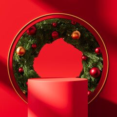 Red podium display with Christmas wreath and ornaments in circular frame, festive product...