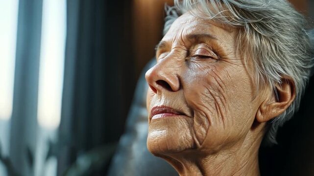 Serene Contemplation: An elderly woman, her face etched with wisdom and experience, finds solace in introspection with her eyes gently closed.