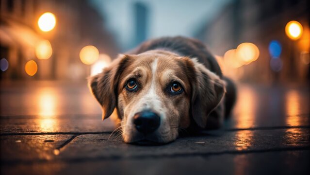 A close-up of a dog resting on a city street at dusk, with soft bokeh lights in the background creating a warm atmosphere.