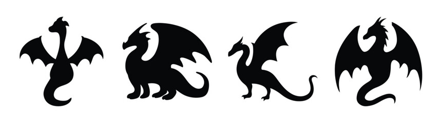 Foursilhouetteddragonsvariousposesmajesticmythicalcreaturesfantasyartcollection