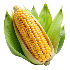 Ripe Yellow Corn Cob with Green Leaves Isolated on Black Background kernels isolated on a transparent background