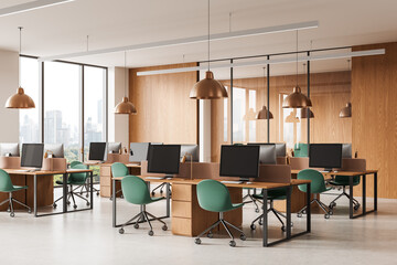 Modern open space office interior with green chairs, wood desks, and copper pendant lights in a high-rise building with city view windows. 3D Rendering
