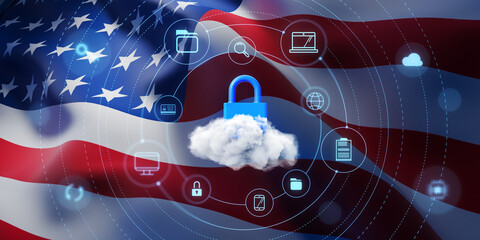 Cloud security and digital data protection concept with lock and icons over waving American flag background in holographic style interface visuals. 3D Rendering