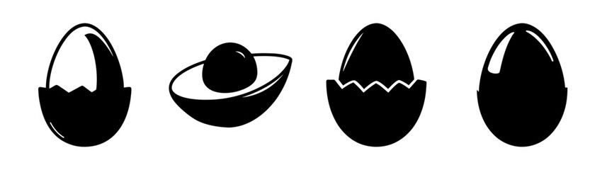 Collectionoffourblackeggshapesisolatedonwhiterepresentingdifferentstagesofanegginitsshell