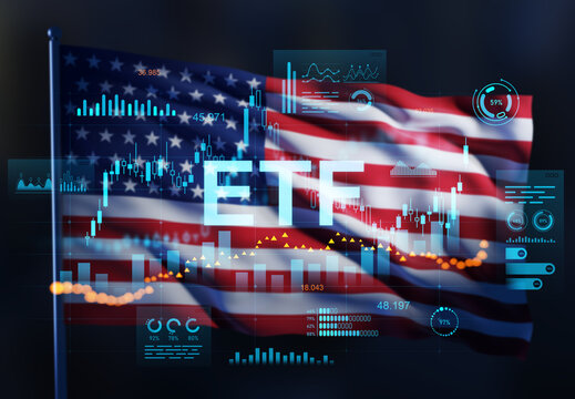 ETF investment concept with American flag and financial stock data in high-tech digital style double exposure on dark background.. 3D Rendering