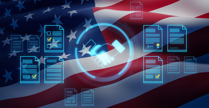Digital handshake and document icons over American flag in double exposure style representing legal agreement and government contract concept. 3D Rendering