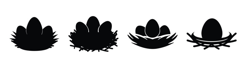Fourblackabstractnestsilhouetteswitheggsartisticrepresentationspringeasternaturesymbolism