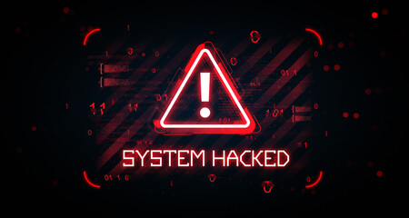 Cyber warning alert with system hacked message in glowing red triangle on digital background indicating internet security breach concept. 3D Rendering