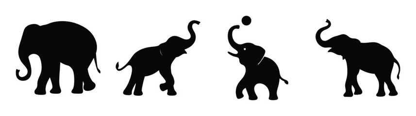 Collectionoffourblacksilhouetteelephantsengaginginplayfulandperformanceactivitiestogether