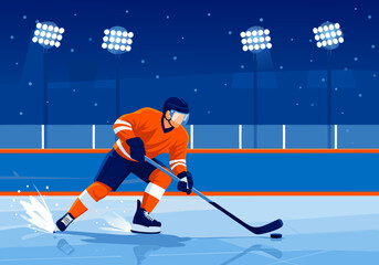 Obraz premium An ice hockey player in orange uniform skates across the ice, surrounded by bright stadium lights
