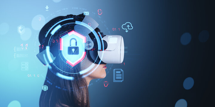 Woman wearing VR headset with digital cybersecurity interface an - Powered by Adobe