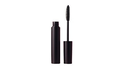 Dark mascara tube and wand, isolated on black