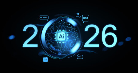 2026 AI future concept with digital brain and chatbot icons on glowing tech background for online...