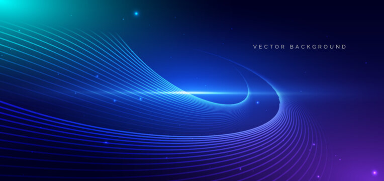 Abstract geometric curved lines technology on dark blue backgroung. High speed motion moving concept.