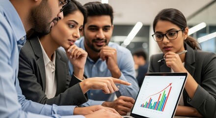 Indian business team collaborating over laptop — highlighting teamwork, strategy, and innovation