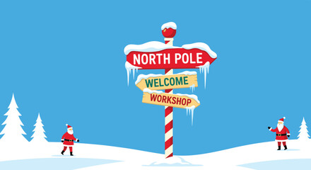Charming illustration of Santa Claus figures and a North Pole signpost in a snowy winter landscape.